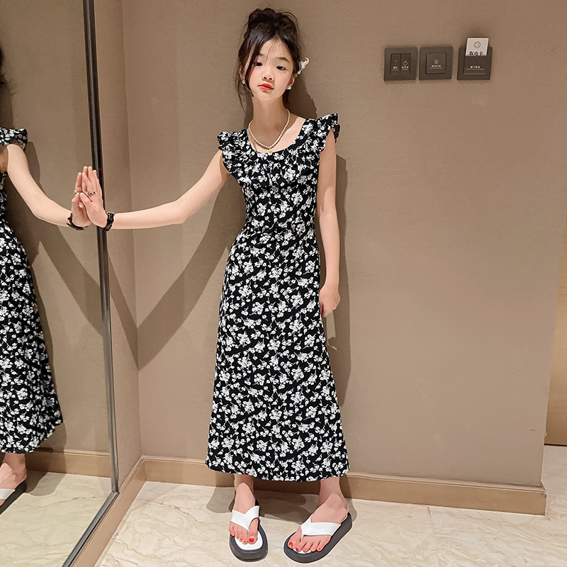 Girls Floral Dress Summer 2025 New Children's Flying Sleeve Long Skirt Girls Big Children Summer Long Skirt