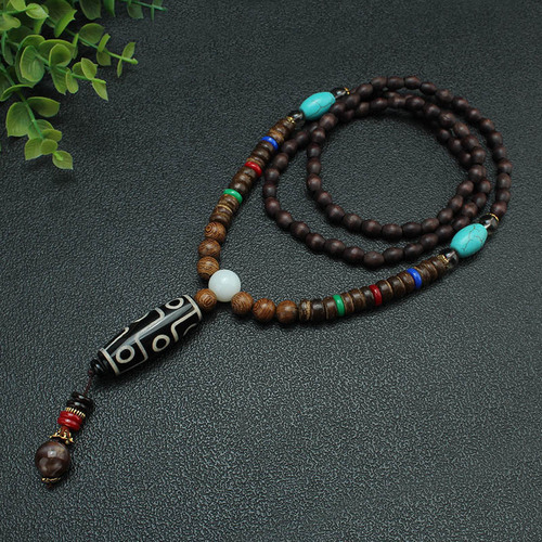 Ethnic Style Tibetan Nine-Eye Dzi Agate Necklace for Men and Women Couple Wooden Long Sweater Chain Retro Accessory Pendant