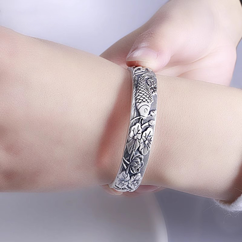 連年有餘純銀手鐲女999足銀蓮花魚心經鐲子首飾母親節禮物送媽媽