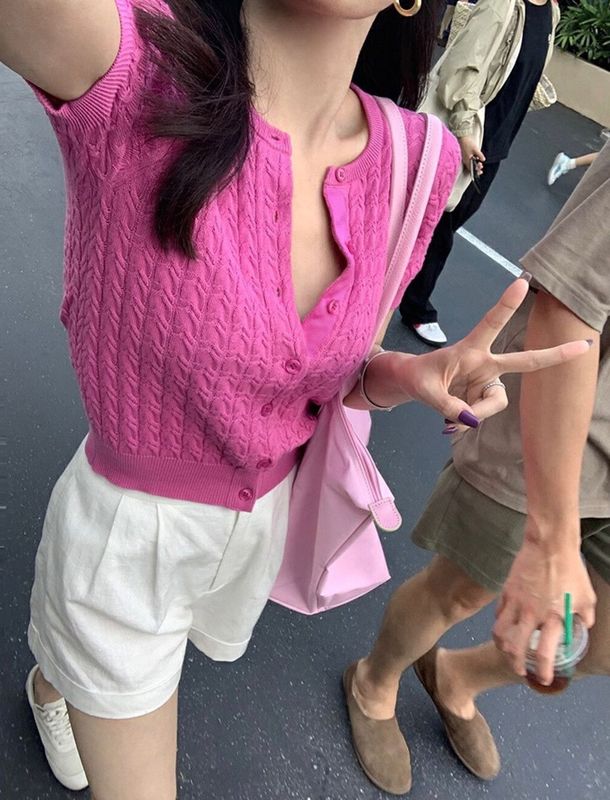 韩系休闲短袖针织上衣开衫女小衫短款2025春季新款显瘦小个子麻花|undefined