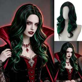 跨境假发女Vampire 吸血鬼 cosplay 黑绿挑染中分波浪万圣节假发
