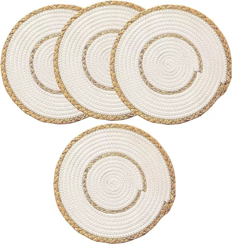 Alfombrilla para mesa redonda de estilo japonés tejida a mano de hierba de calabaza - Alfombrilla aislante térmica, cuerda de algodón, combinación doble, alfombrilla para mesa occidental - Producto transfronterizo