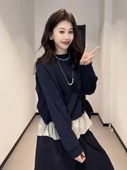 设计感花边下摆拼接圆领假两件卫衣女2025年新款时尚洋气宽松上衣
