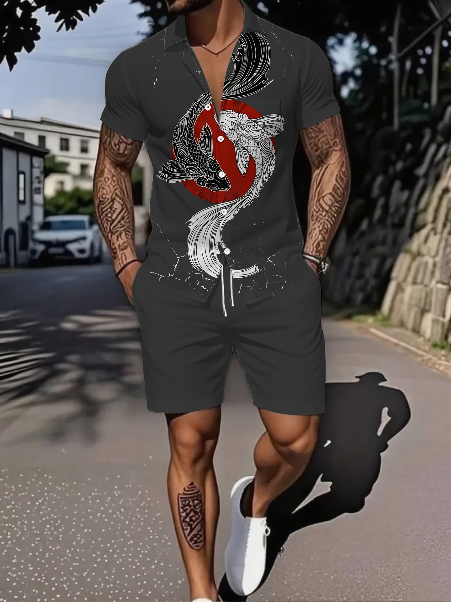 Ensemble deux pièces pour homme : chemise à manches courtes respirante et ample, imprimé lettres, style décontracté idéal pour l'été._voghion.com