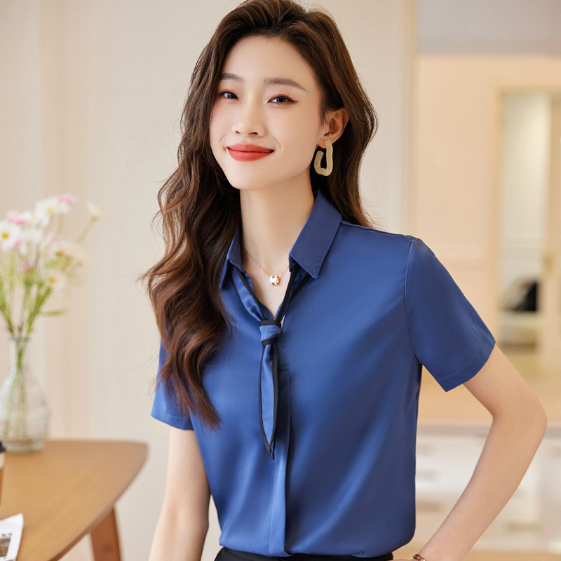 Acetic Acid Satin Blue Shirt Women's Short-sleeved Top Summer Thin 2023 New Style Elegant Work Shirt Work Clothes