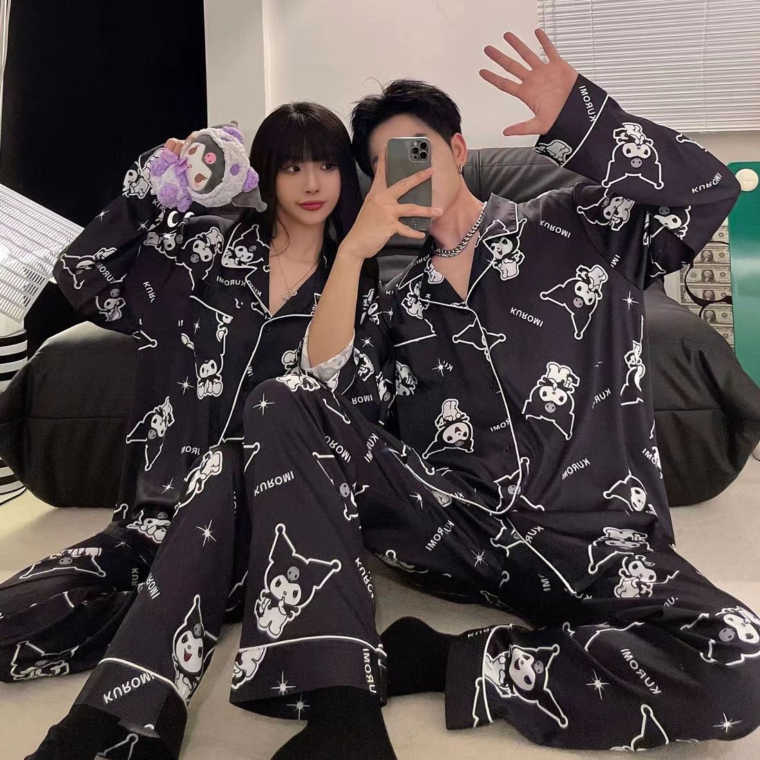 Japón Koolomi hielo pareja pijama mujer primavera y otoño manga larga hombre simulación seda set de ropa de casa verano