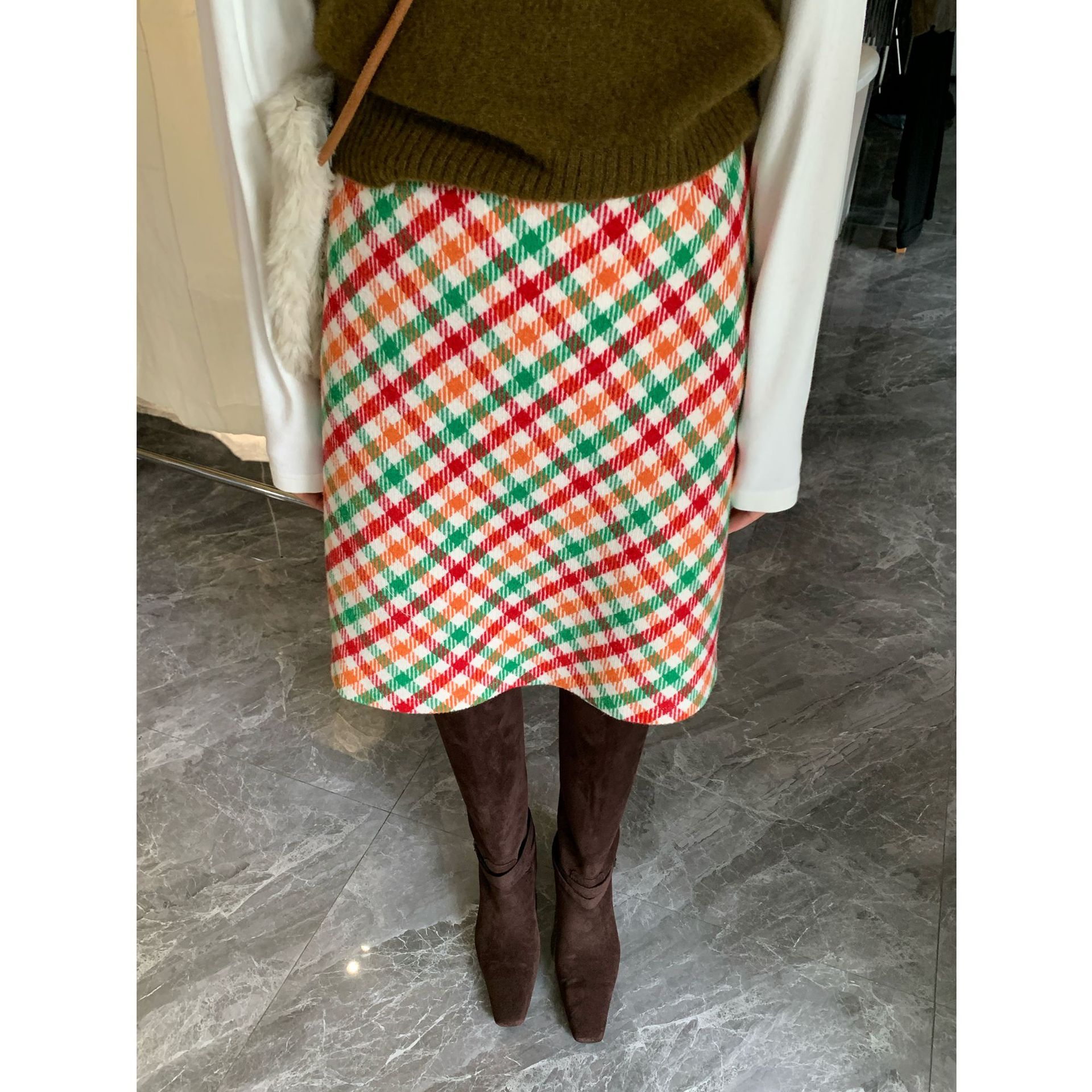 Sroom Thirteen Lines Colorful Plaid Wool Blend Women's Skirt for Autumn and Winter, A-Line Skirt with Design Sense, Plaid High-Waisted Midi Skirt