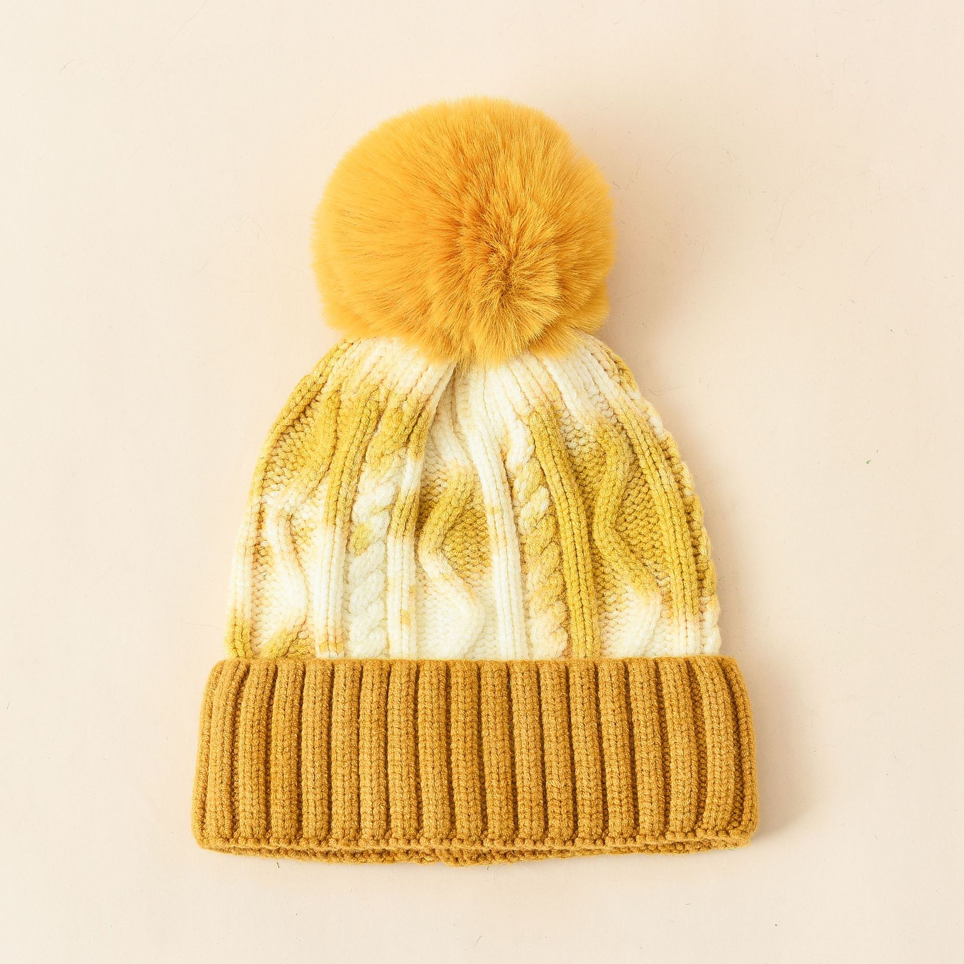 Bola de piel de punto sombrero femenino ins sombrero de moda sombrero de lana teñido de corbata otoño e invierno cálido moda simple Bola de piel sombrero de Jersey