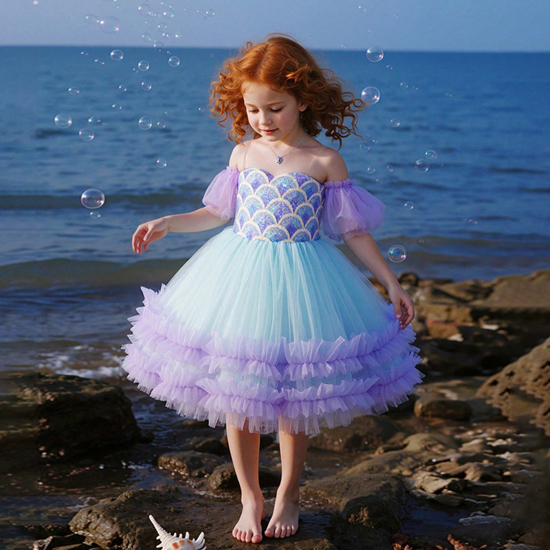Cross-Border Girls Mermaid Dress Birthday Party Puff Sleeve Dress Holiday Cosplay Costume Princess Dress