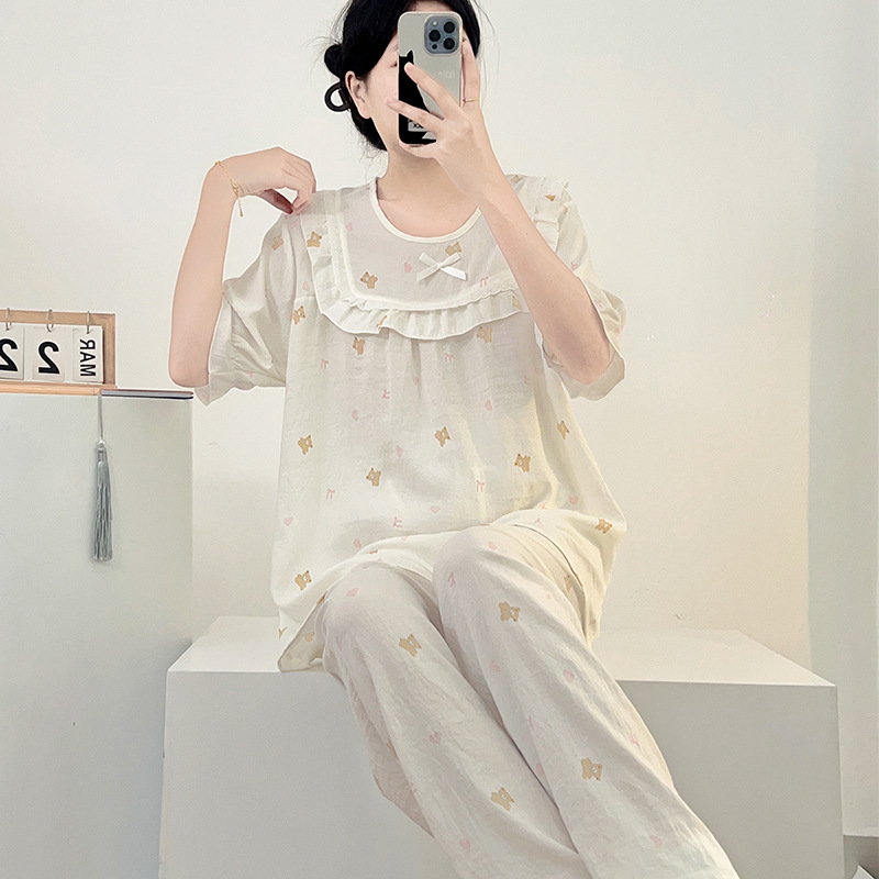 Princess Style Pajamas for Women Summer Cloud Cotton Short-Sleeved Pants Sweet and Cute Summer Loose Casual Home Wear Set