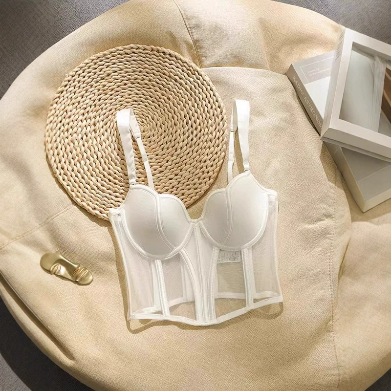 2025 новый летний тонкий белый сетчатый топ-камзол для женщин с внутренней отделкой "рыбья кость", красивый открытый верх, можно носить как укороченный топ