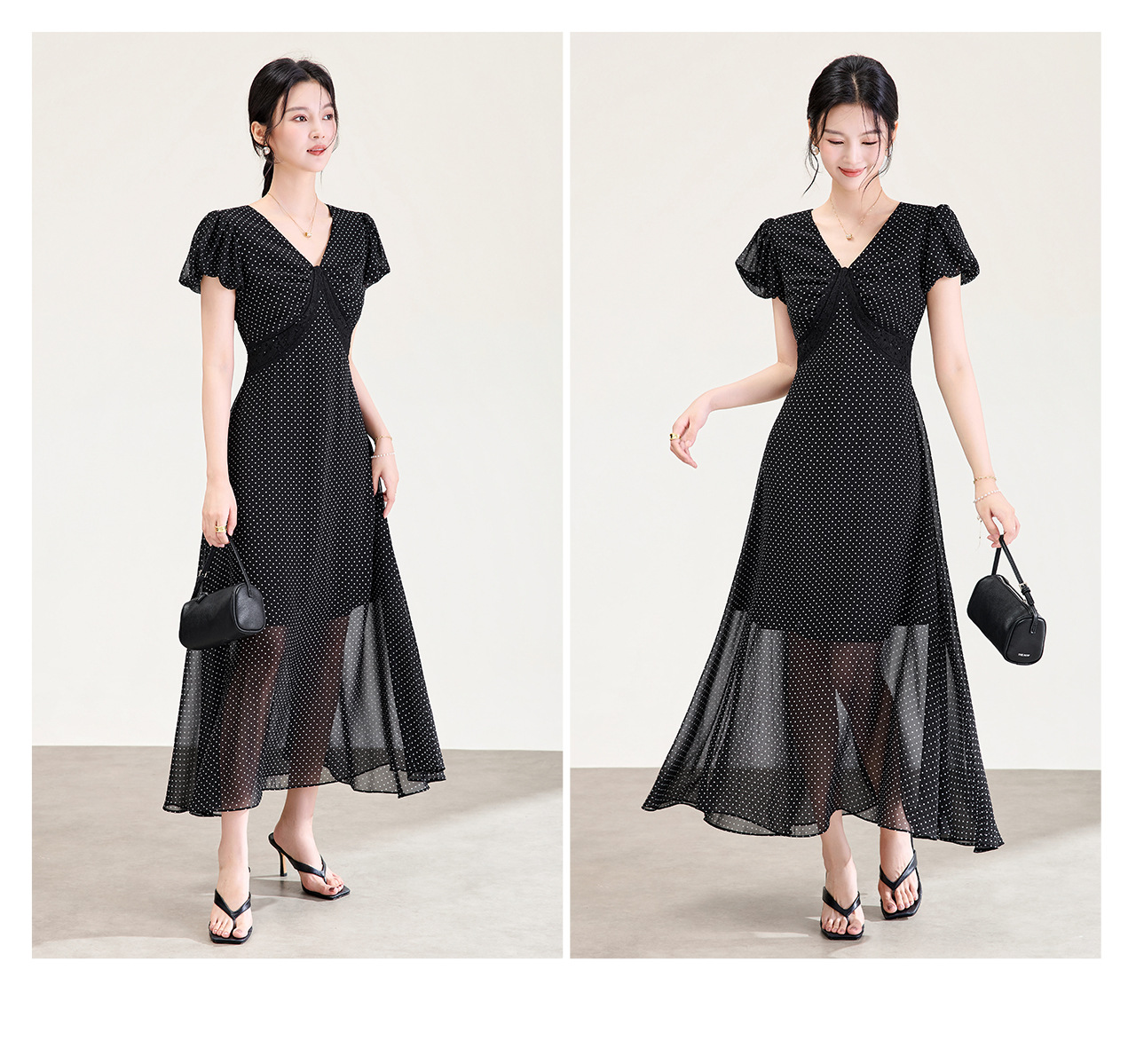 Đầm maxi nữ cổ V ren chấm bi phong cách Pháp thắt eo — màu đen chi tiết 20