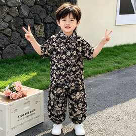 2026新款潮酷男童夏季衬衫套装洋气童装儿童短袖上衣长裤两件套