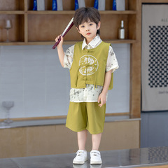 兒童夏裝男童短袖套裝2024新款小男孩新中式襯衫寶寶夏季國風衣服