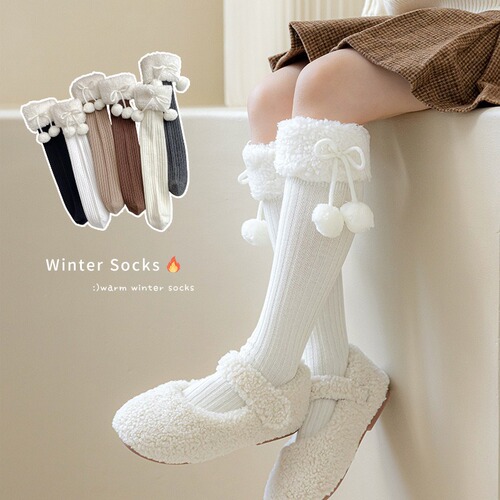Lambskin girl children's new red socks autumn and winter Lolita plain A-class cotton bow knee-high socks wholesale