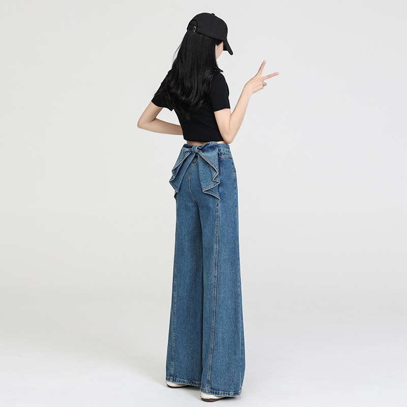 Hot in stock Blue Bow Jeans Women's Spring 2025 New Vintage Straight Flared Pants High Waist Trousers