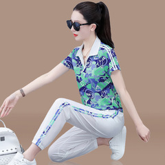 Ladies' Summer 2023 New Fashion Print Ice Silk Thin Quick-Dry Running Two-Piece Set for Leisure Sports