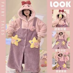 星之卡比睡衣女冬季长款睡袍长裤套装加厚加绒秋冬款家居服袍套