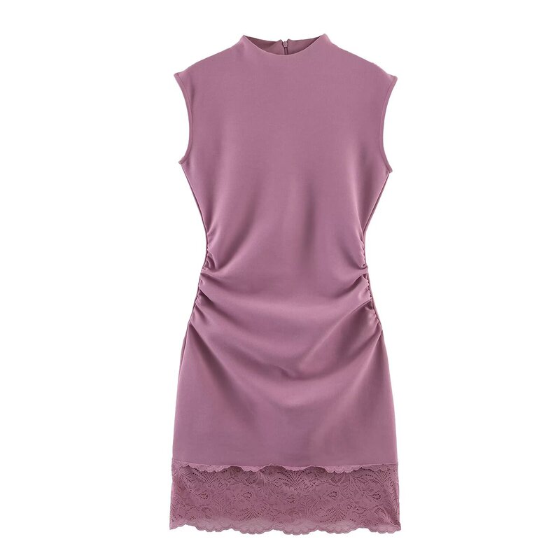Cross-Border European and American Style New Summer Fashion Women's Lace Splicing Silk Satin Texture Sleeveless Mini Dress