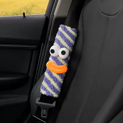 Cover for Girls Car Interior | Seat belt shoulder pad - purple-and-yellow-striped-safety-belt-shoulder-cover-big-mouth-and-eyes-style