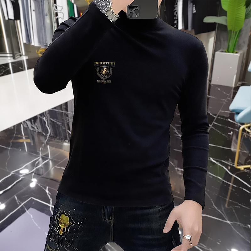 Roupa íntima de manga comprida de alta qualidade com base de lã, gola semi alta, top masculino quente de outono e inverno, lã da moda_voghion.com