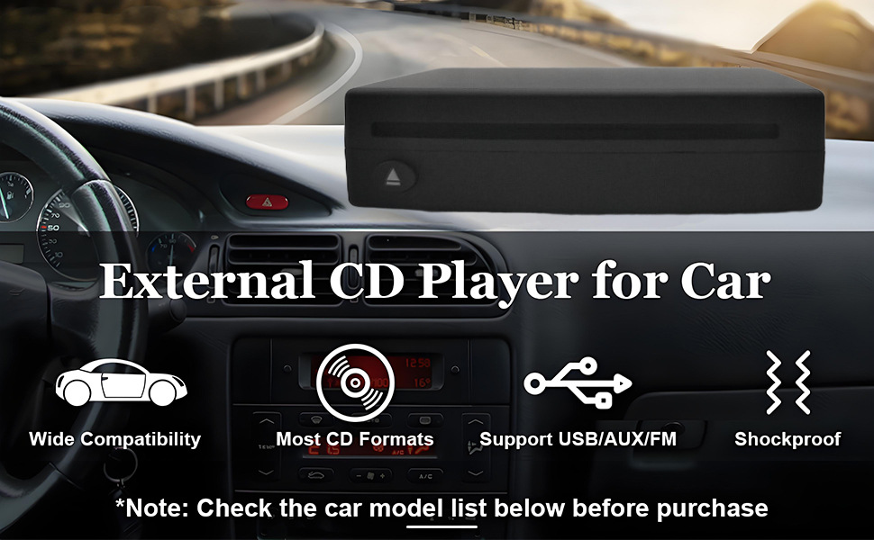 In-car CD player with USB connection, external CD player with FM transmitter and AUX output box