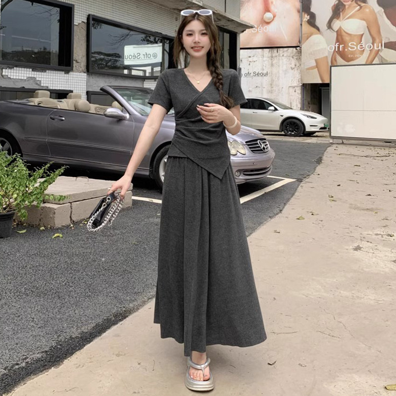 plus size Women's chubby girl Summer Slimming Casual Irregular Short-sleeved Top Skirt Tea-style Wear suit Long Skirt