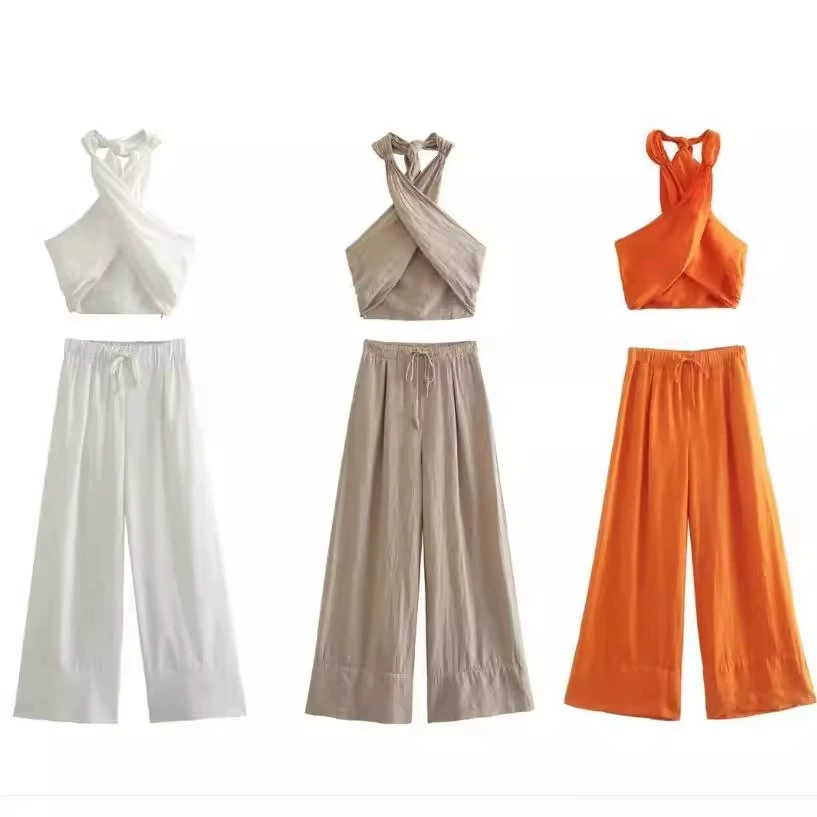 Модный повседневный комплект из топа-халтера и брюк в европейском и американском стиле, популярный на AliExpress и INS.