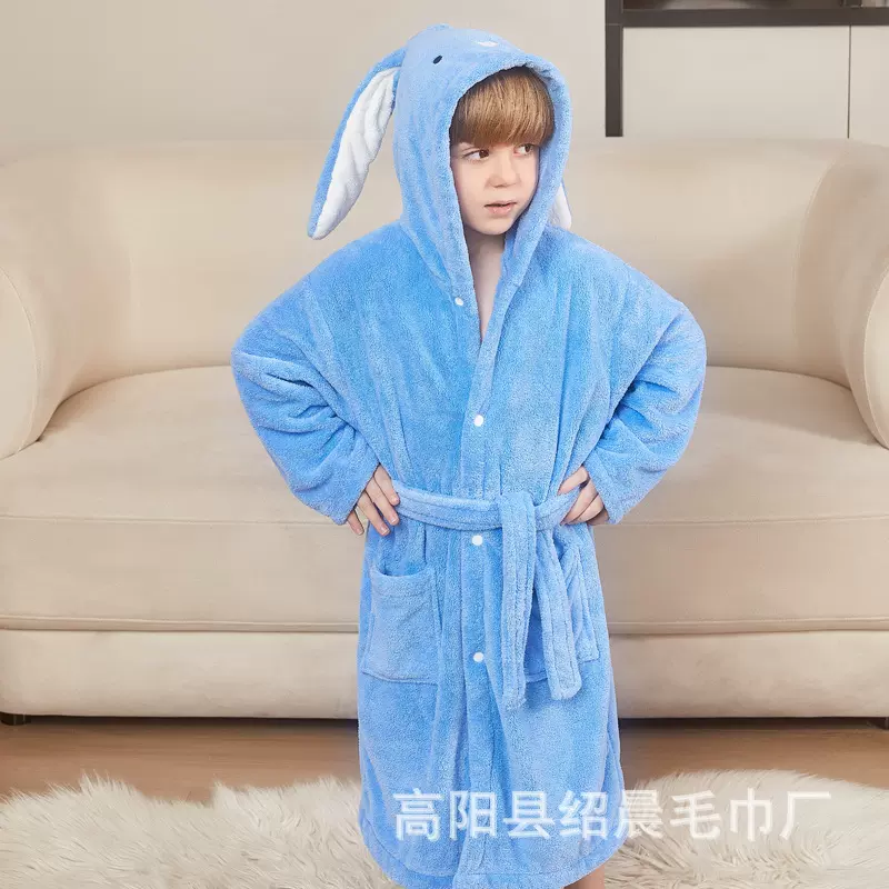 珊瑚绒兔耳朵浴袍儿童可爱洗澡吸水浴袍居家服暖和7岁8岁小童浴巾