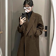 赫本风韩版西装秋冬咖色毛呢大衣外套新款过膝加厚中长款气质呢子