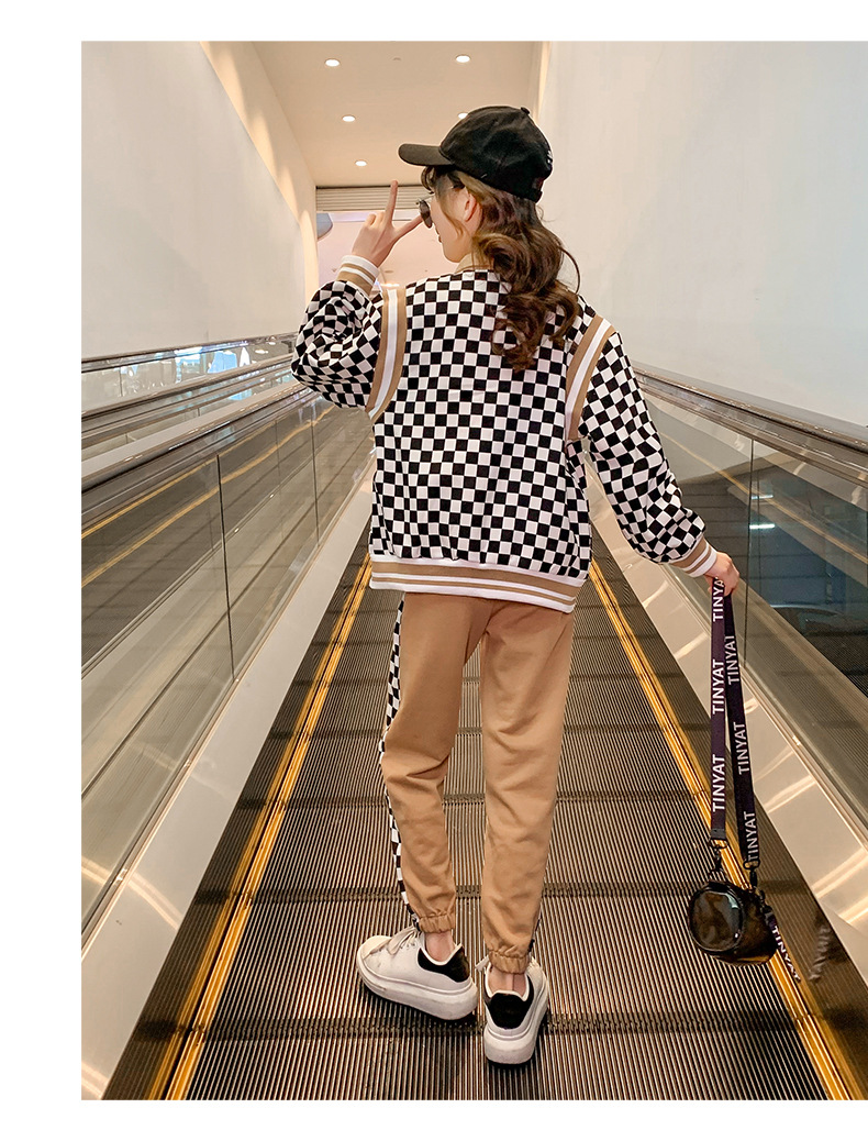 2023 New Set: Two Piece Set of Checkerboard Spring and Autumn Sports Elastic Loose Baseball Suit for Children, Girls,_voghion.com