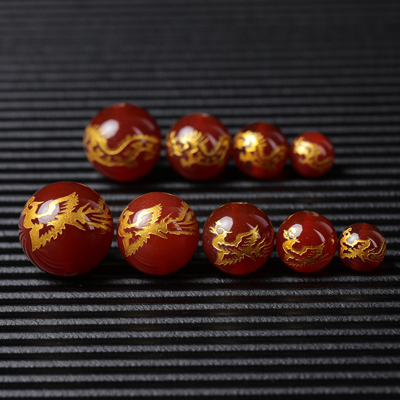 Red agate carved dragon beads Phoenix beads gilding round beads loose beads bracelet with beads DIY crystal beaded jewelry accessories