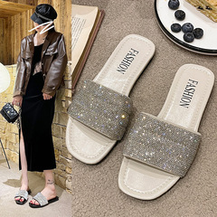 外貿水鑽拖鞋女2023年夏季新款平底休閒外穿沙灘涼拖鞋女slippers