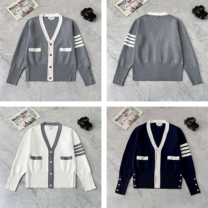 Tb Autumn and Winter New Color-Blocked Sleeves Four-Stripes V Neck Knitted Cardigan Fairy Style Slightly Slim Men's and Women's Jackets