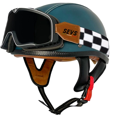 half helmet electric motorcycle portable, Motosiklet kaskı (dəbilqə) - blue-flat-leather-helmet-rice-frame-goggles-m