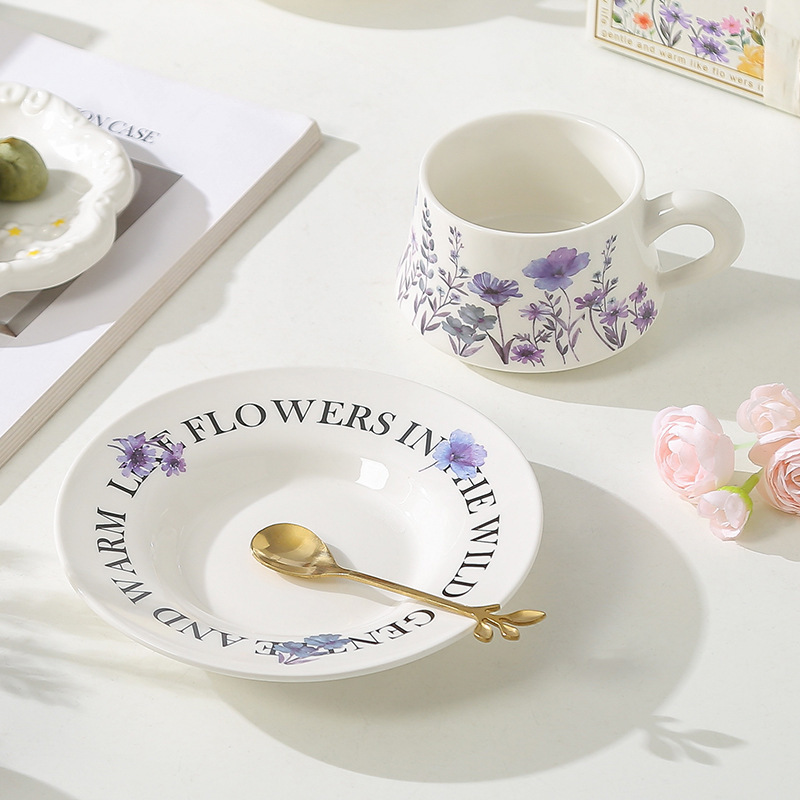 Retro estilo alto valor de la cara hacia el sol flores taza de café set de plato de cerámica para chicas regalo de cumpleaños