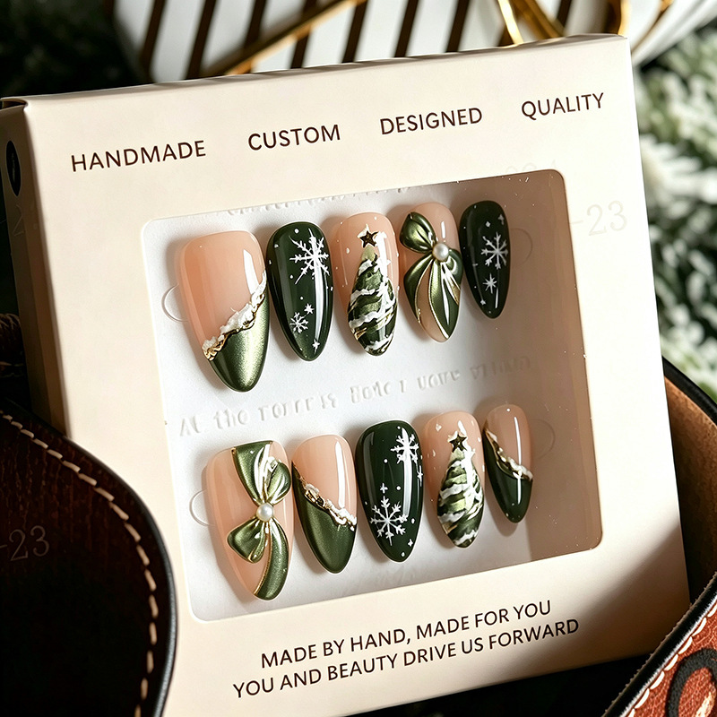 30 pieces of cross-border Christmas dark green cat-eye press-on nails with snowflake and bow designs, detachable fake nails, pre-made nails