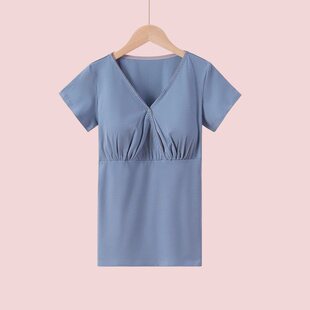 Summer Thin Nursing Cotton Cross Short-Sleeved Large Size Postpartum Clothing Postpartum Nursing Clothing Pregnancy Shirt with Home Clothing