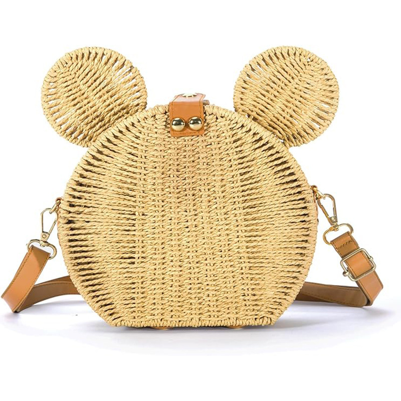 Round Rattan Straw Bag Ladies Handmade Cute Mouse Ear Wicker Woven Purse Crossbody Shoulder Bag