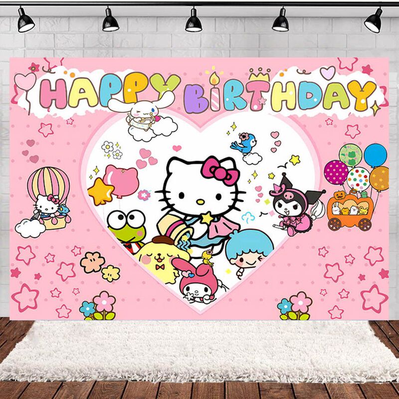 KT cat New Sanrio melody theme birthday photography background cloth pink scene decoration banner KT cat New Sanrio melody theme birthday photography background cloth pink scene decoration banner