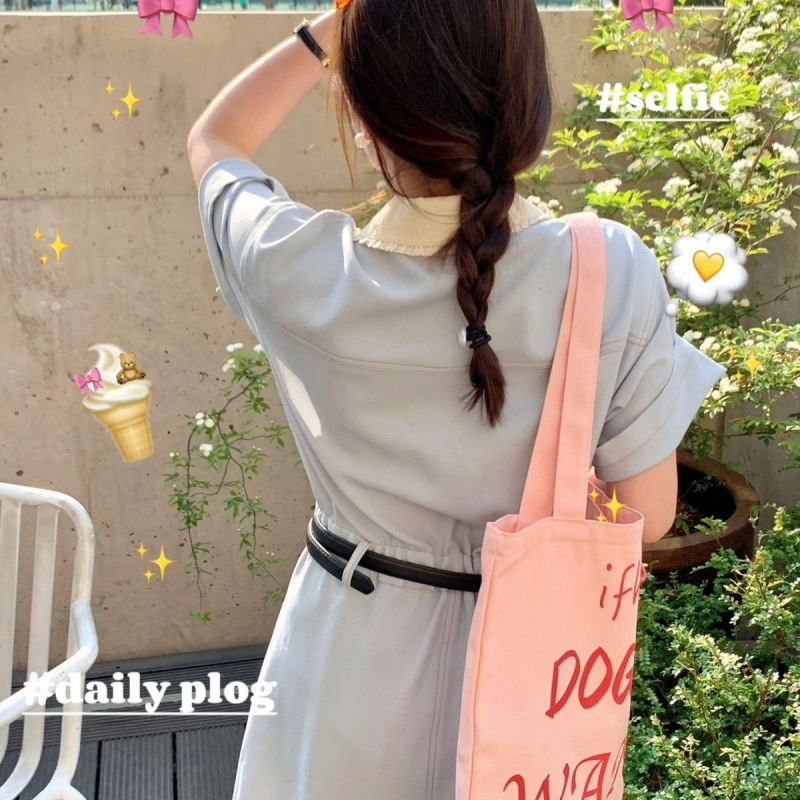 慵懒风粉色印花字母单肩包女学生大容量帆布包百搭上课通勤手提袋
