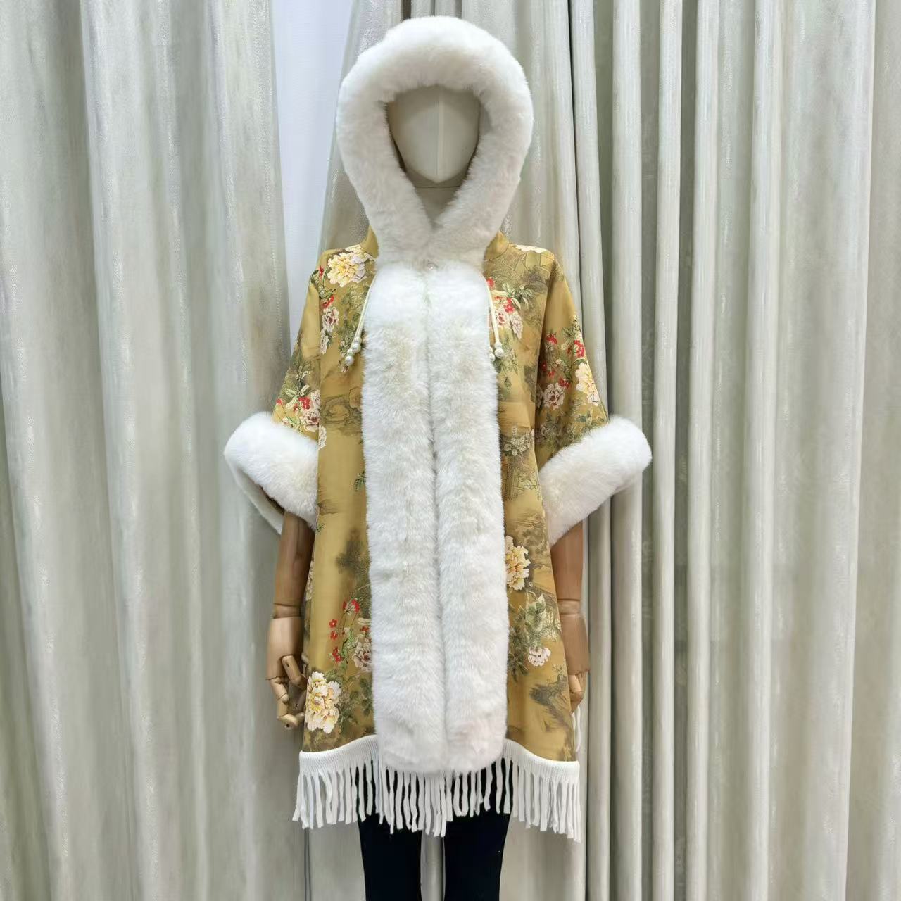 2025 otoño y invierno nuevo estilo de estilo nacional mantel grueso abrigo abrigo con capuchón cuello de lana dopamina jacquard de invierno