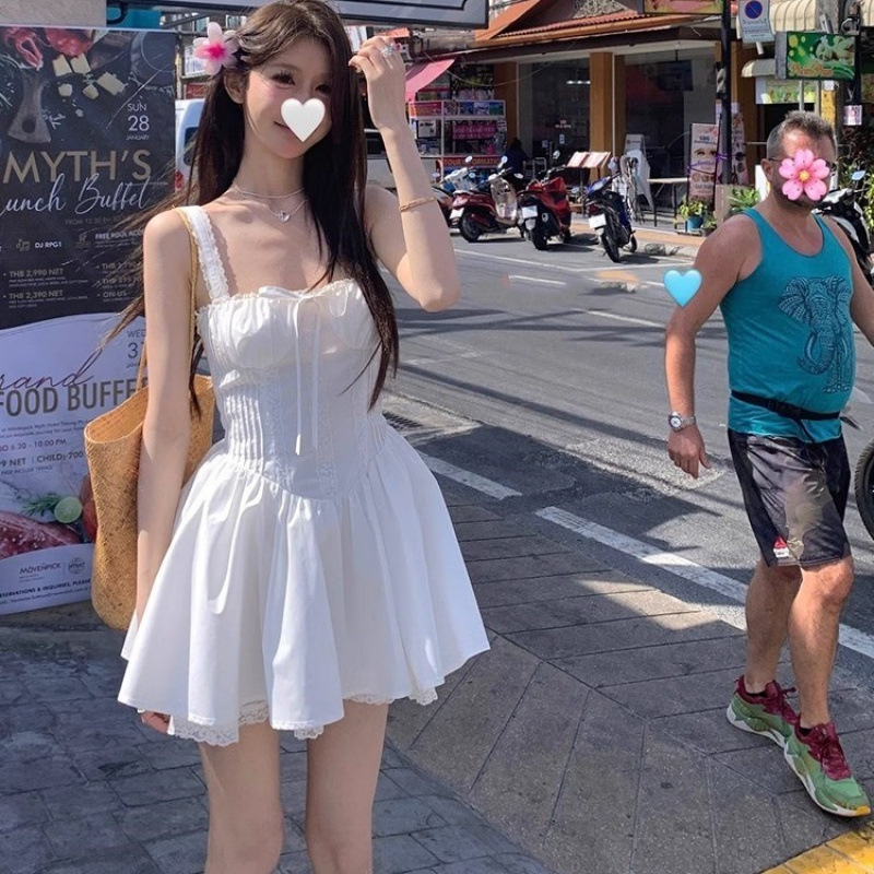 White Water Girl Spring Little White Dress White Suspender Dress Women's New Waist Slimming Vacation First Love Short Skirt White Water Girl Spring Little White Dress White Suspender Dress Women's New Waist Slimming Vacation First Love Short Skirt