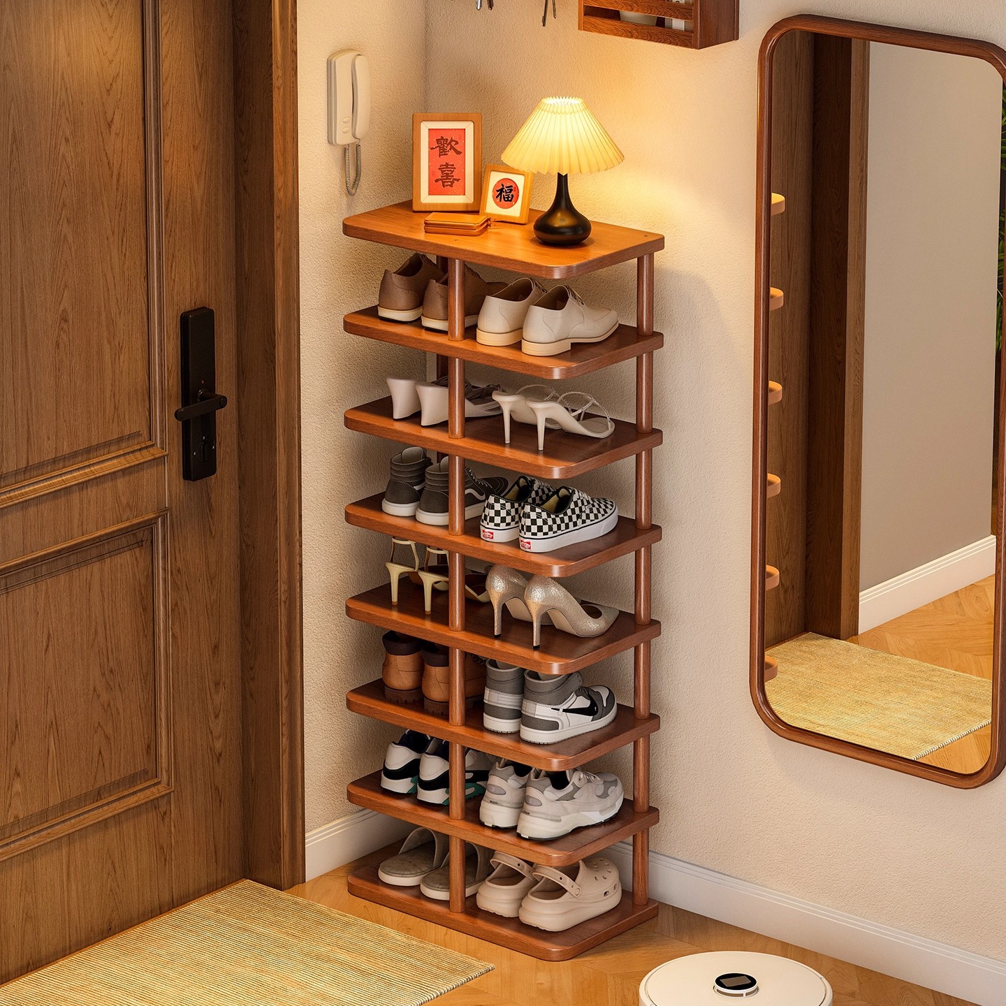 Estante de zapatos de madera sólida puerta de almacenamiento de acabado doméstico multicapa puerta de entrada de alquiler dormitorio pequeño gabinete de zapatos simple