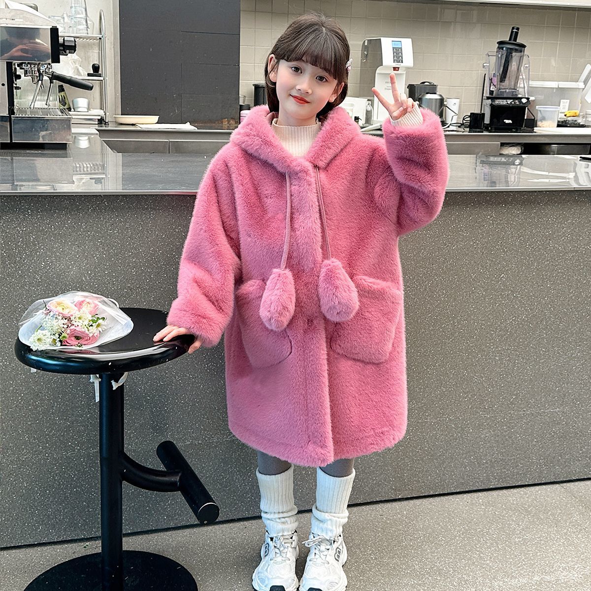 儿童仿皮草外套新款水貂绒兔耳朵可爱中长款女孩毛绒大衣宝宝加厚