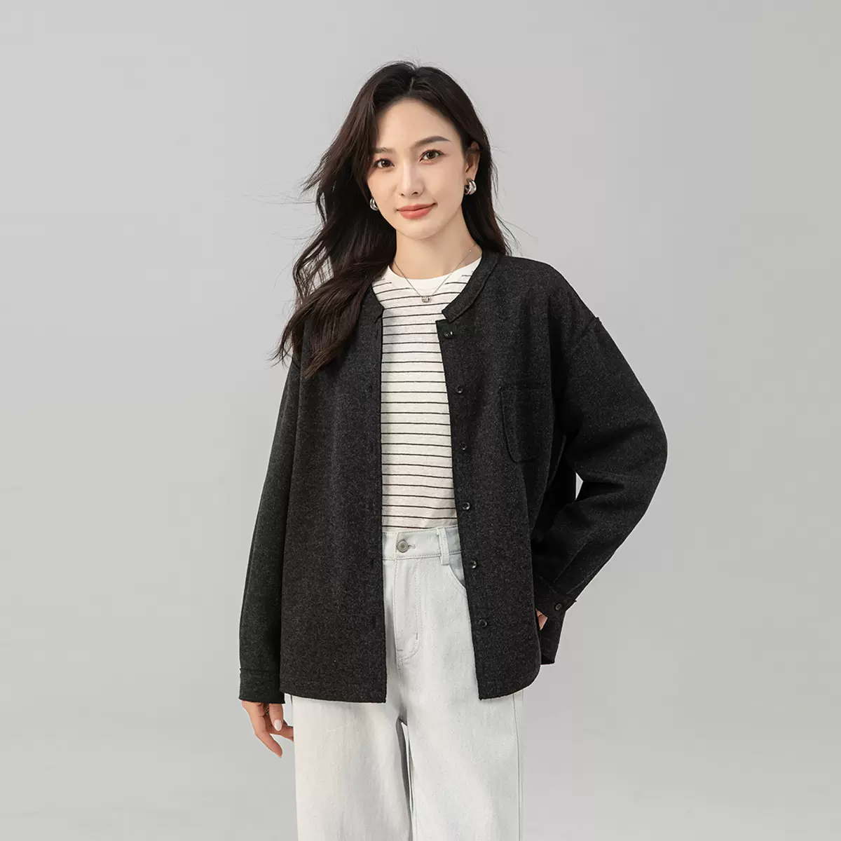 鑫阁 慵懒风宽松灰色暖绒开衫女秋冬高及感羊毛外套上衣休闲百搭