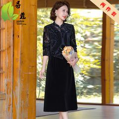 新款妈妈装连衣裙显瘦古风中老年女士裙子女旗袍领中年长袖衣服50