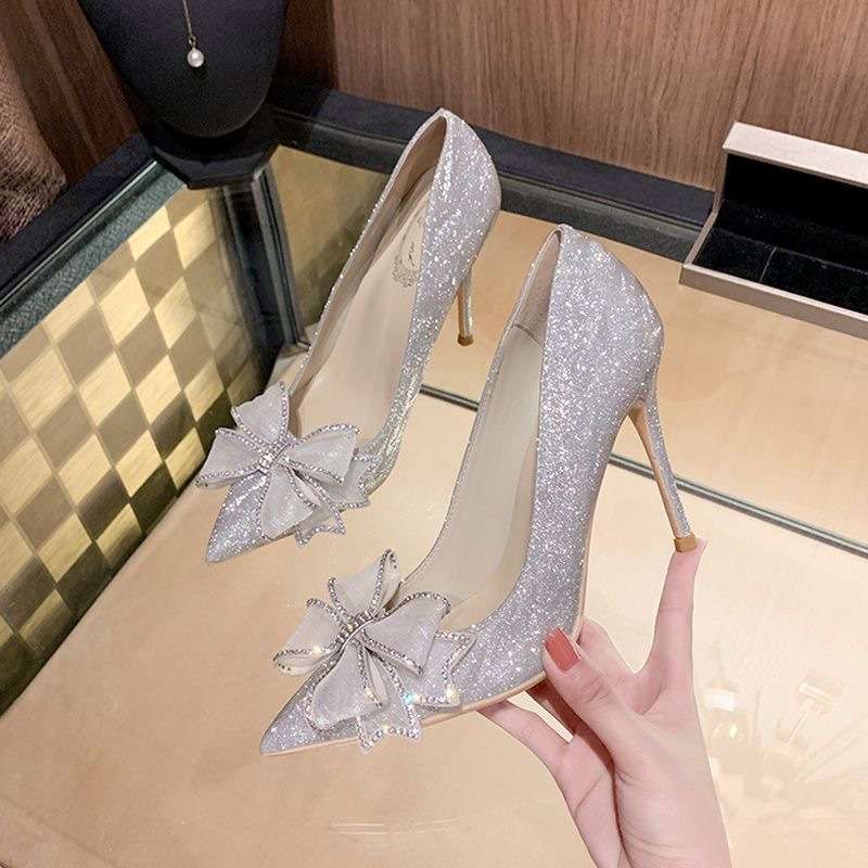 法式水晶鞋2025春秋新款银色婚鞋水钻蝴蝶结尖头高跟鞋女细跟单鞋|undefined