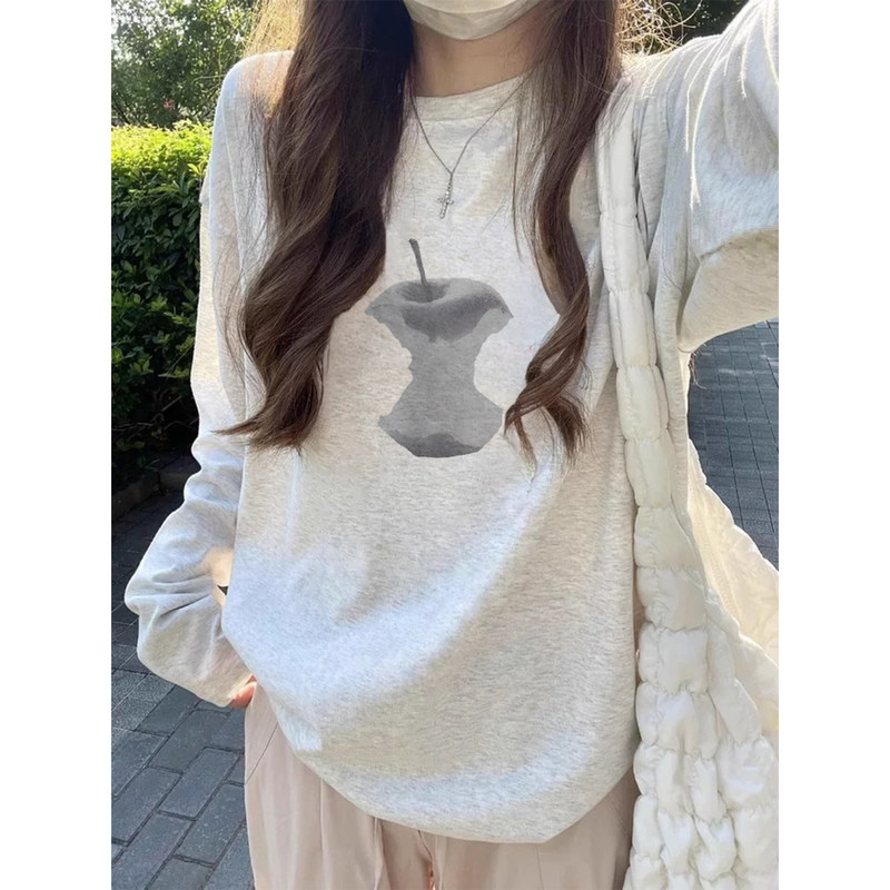 Apple print pure cotton American-style long-sleeve t-shirt for women, spring design, niche loose-fitting base layer top