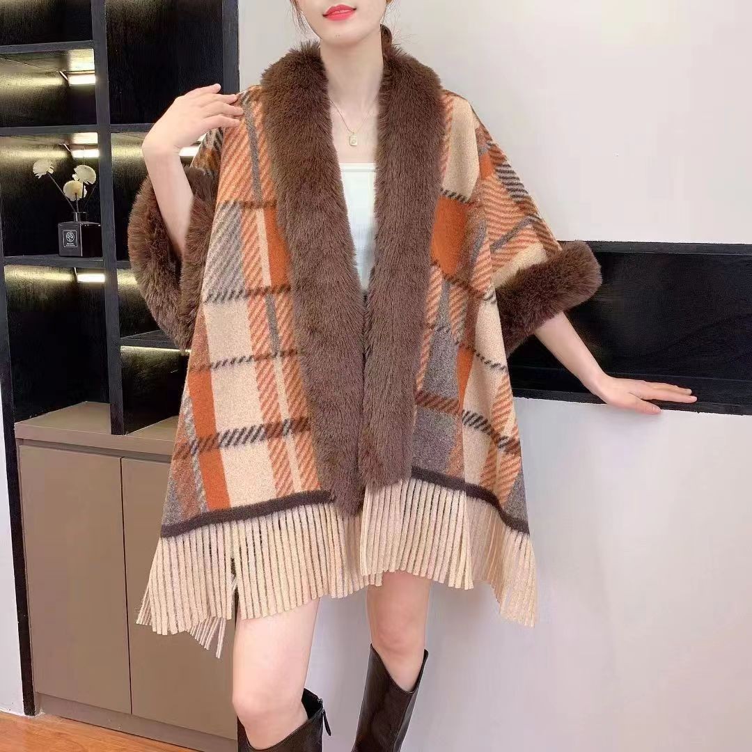 Lockerer Wollkragen mit kariertem Quasten-Strickschal-Umhang in großer Größe, Strickjacke, Pullover, Mantel für Damen_voghion.com